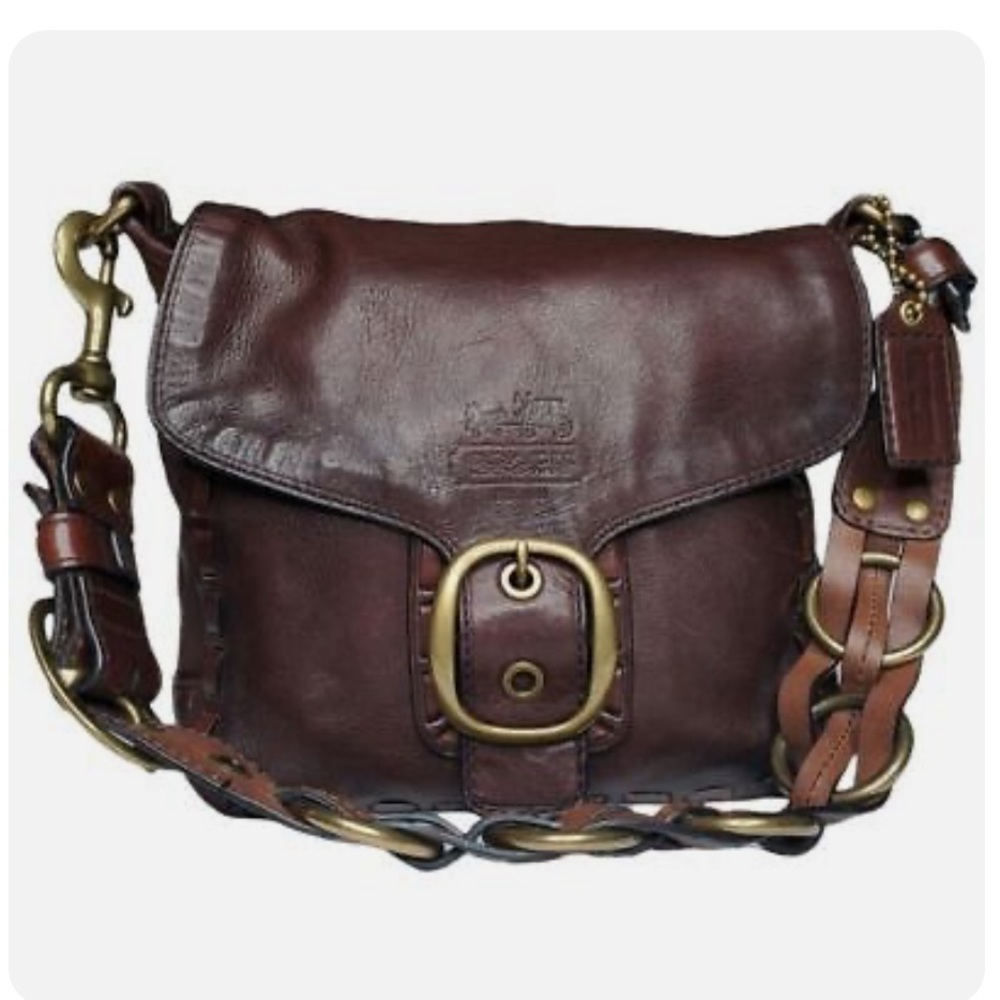 Coach Bleecker Brown Leather Woven Laced Brass Tattersall Flap Shoulder Bag